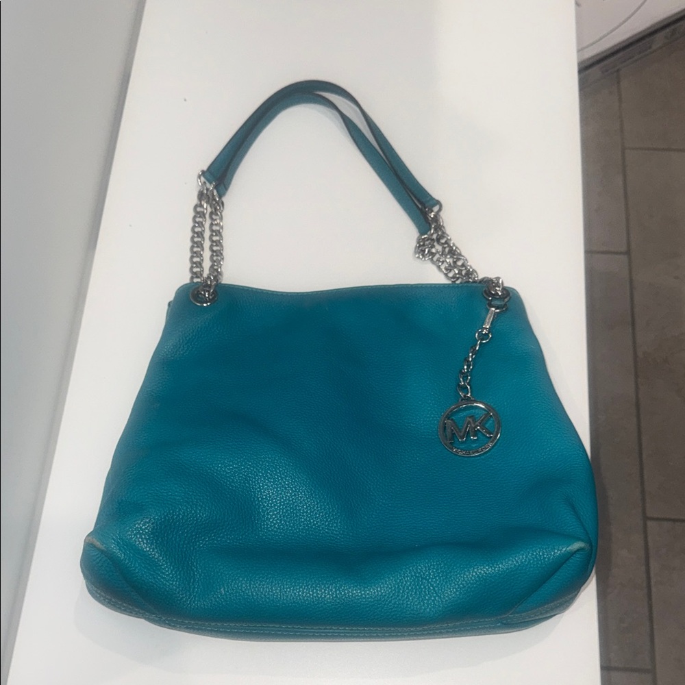 Michael Kors Teal Pebbled Leather Shoulder Tote with Chain Handles